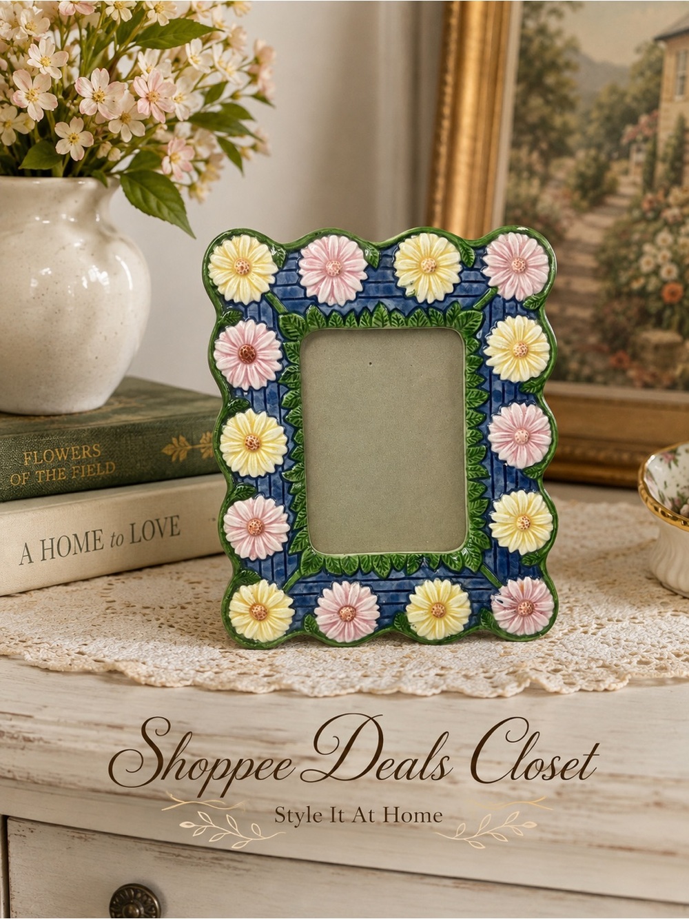 Terragrafics Floral Ceramic Picture Frame – Pink Yellow Daisies Blue & Green